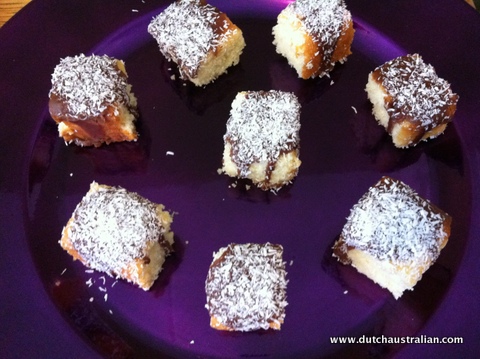 lamingtons on purple plate
